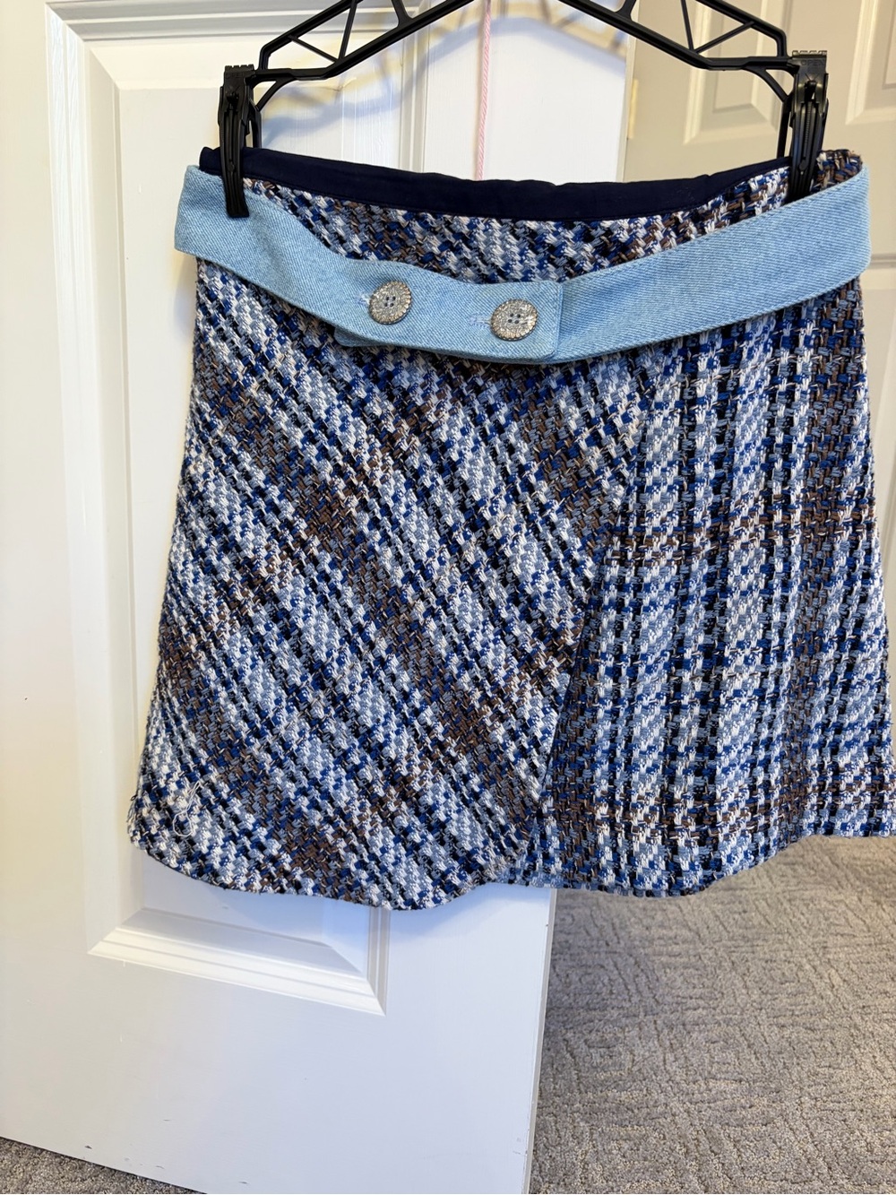 Zara Blue Plaid Tweed Skirt with denim Trim